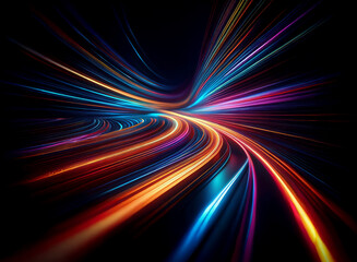 Poster - Abstract image of vibrant, multicolored light trails swirling and curving in a dynamic motion against a dark background.  Suggests speed, energy, and movement.