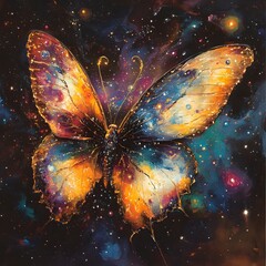 Wall Mural - a painting of a cosmic butterfly with wings made of galaxies and stars.