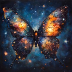 Wall Mural - a painting of a cosmic butterfly with wings made of galaxies and stars.