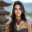 © tonpreecha - Model smiling gently while wearing traditional attire, focus on culture, selective focus, realistic, Composite, historical building backdrop