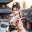 © tonpreecha - Model smiling gently while wearing traditional attire, focus on culture, selective focus, realistic, Composite, historical building backdrop