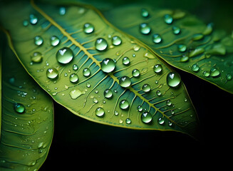 Poster - Close-up of lush green leaves glistening with dew drops.  The vibrant color and water droplets create a refreshing, natural scene.