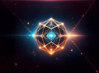 Poster - A luminous geometric sphere, glowing with vibrant orange and blue energy, floats in a dark, star-studded cosmos.  Intricate lines define its multifaceted structure, radiating light.