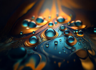 Poster - Close-up of vibrant, jewel-toned water droplets resting on a swirling, abstract surface.  The colors are rich and blend seamlessly.  The droplets vary in size and create a sense of depth.