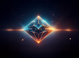 Poster - A luminous, multifaceted gem floats in the inky blackness of space, emitting a vibrant, warm glow.  Its geometric facets reflect light, creating a stunning cosmic spectacle.