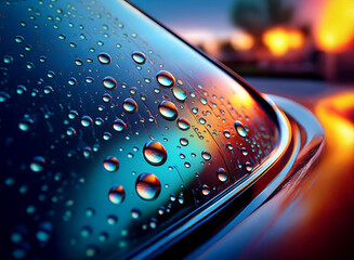 Aufkleber - Close-up of water droplets on a dark, glossy surface at sunset.  The vibrant colors of the setting sun are reflected in the glistening beads of water.
