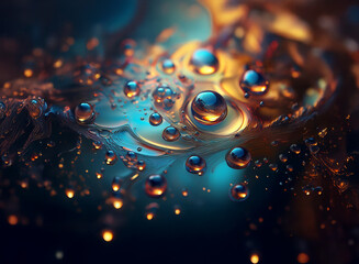 Poster - Abstract close-up of iridescent oil and water droplets.  Vibrant blue, orange, and gold hues create a mesmerizing, otherworldly scene.  The interplay of light and liquid forms a captivating texture.