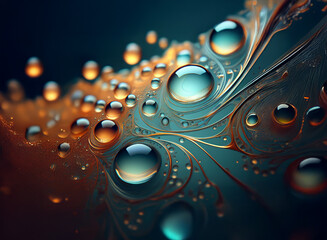 Poster - Close-up of water droplets on a dark, swirling surface.  The droplets are translucent, reflecting light in shades of amber and teal, creating a vibrant, abstract image.