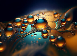 Aufkleber - Macro photograph showcasing vibrant, iridescent oil droplets on water.  The interplay of light creates a mesmerizing, abstract pattern of gold and teal hues.
