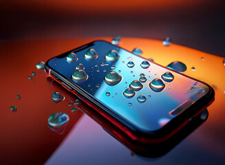 Aufkleber - A sleek smartphone rests on a reflective surface, adorned with glistening water droplets.  The warm lighting enhances the vibrant colors.