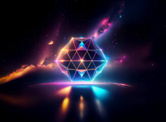 Poster - A vibrant, multifaceted geometric gem radiates light against a dark, cosmic backdrop.  Nebulae swirl around it, creating a surreal, otherworldly scene.  Reflective surface amplifies the glow.