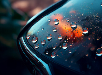 Aufkleber - Close-up of water droplets on a curved, dark surface reflecting a warm, blurry sunset.  The droplets are various sizes and create a textured, glistening effect.