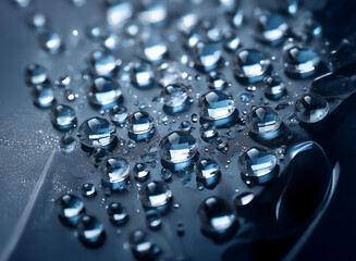 Aufkleber - Close-up of water droplets on a dark, smooth surface.  The droplets vary in size and reflect light, creating a glistening effect.  The scene is moody and atmospheric.