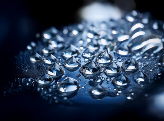 Poster - Close-up of numerous glistening water droplets on a dark, reflective surface.  The droplets vary in size and shape, creating a textured, jewel-like effect.