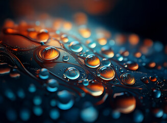 Aufkleber - Macro photograph of water droplets on a dark surface, illuminated with warm and cool light, creating vibrant color reflections. The droplets vary in size and are clustered together.