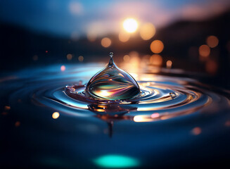Poster - A single water droplet hangs poised above the surface of still water, creating concentric ripples.  The background showcases a vibrant sunset with bokeh effects.