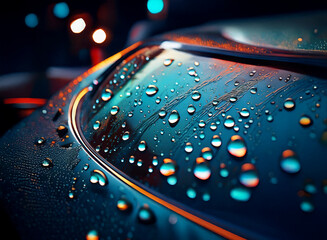 Aufkleber - Close-up of water droplets on a dark, glossy surface at night.  City lights reflect in the wet sheen.