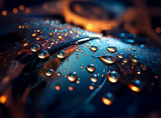 Aufkleber - Close-up view of water droplets on a dark, reflective surface.  Illuminated with vibrant blue and orange hues, creating a striking contrast.