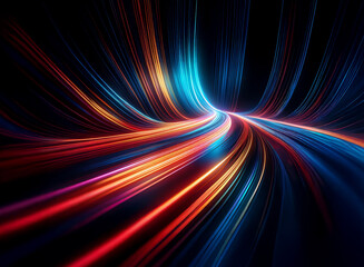 Poster - Abstract artwork depicting vibrant, swirling streaks of light in red, orange, and blue hues against a black background.  The colors suggest motion and energy.