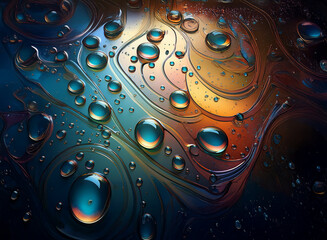Poster - Abstract image showcasing vibrant, iridescent oil and water droplets.  Intricate swirling patterns and contrasting colors create a mesmerizing effect.  The interplay of light and shadow enhances the v