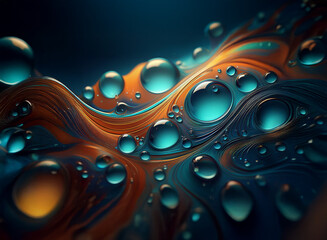 Aufkleber - Abstract digital artwork of swirling, iridescent liquid with translucent water droplets.  The colors are predominantly teal and orange, creating a vibrant and dynamic composition.