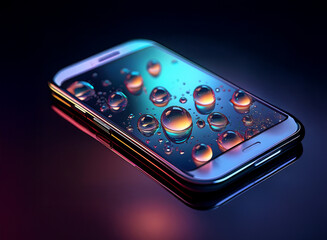 Aufkleber - A sleek smartphone rests on a reflective surface, its screen adorned with vibrant, iridescent water droplets.  The scene is dramatically lit with colorful, moody lighting.