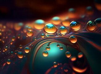 Poster - Intricate swirls of vibrant orange and teal liquids create a mesmerizing abstract landscape of glistening bubbles, reflecting light in a captivating display of color and form.