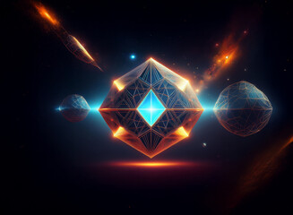 Leinwandbilder - A luminous, geometric cube floats in a dark, cosmic expanse, surrounded by glowing celestial bodies and energy trails.  Intricate details adorn its surface.