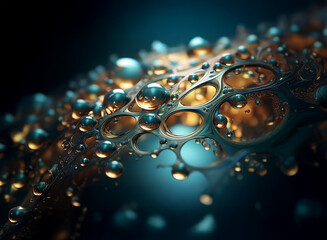 Poster - Intricate, metallic bubbles coalesce, glowing gold and reflecting teal light.  A mesmerizing, abstract organic form, suggesting cellular structures or a microscopic landscape.