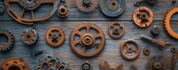 Aufkleber - Rusty gears and cogwheels resting on wooden table
