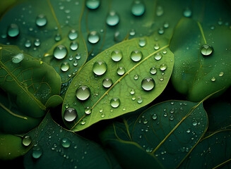 Poster - Close-up of lush green leaves glistening with morning dew.  The vibrant green contrasts beautifully with the clear water droplets.