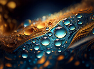 Aufkleber - Intricate, swirling patterns of gold and blue are adorned with glistening water droplets, creating a mesmerizing abstract image.  The interplay of light and shadow enhances the three-dimensional effec