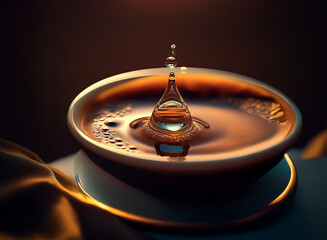 Poster - A droplet of liquid impacts a shallow bowl of amber liquid, creating a captivating crown splash. The scene is dramatically lit, highlighting the liquid's texture and reflections.  The bowl rests on a 