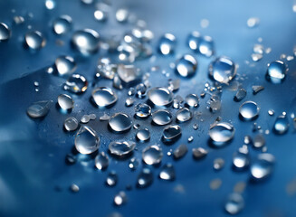 Fototapete - Close-up view of numerous water droplets scattered on a smooth, dark blue surface.  The droplets vary in size and exhibit high reflectivity, creating a glistening effect.
