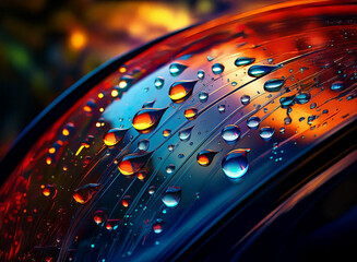 Aufkleber - Vibrant water droplets cling to a curved, reflective surface.  The background glows with warm, fiery colors, contrasting with the cool blues in the droplets.  A close-up showcasing the interplay of li