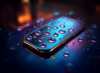 Aufkleber - A sleek smartphone rests on a reflective surface, adorned with water droplets.  Vibrant, colorful light reflects in the droplets and the phone's polished casing.