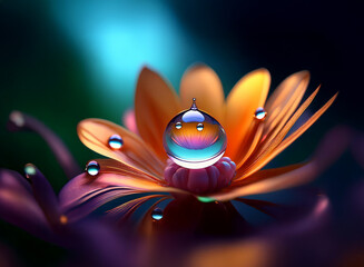 Poster - A vibrant orange flower, petals glistening with dew, centers a large, iridescent water droplet reflecting light.  The scene is dark, highlighting the flower's luminescence.