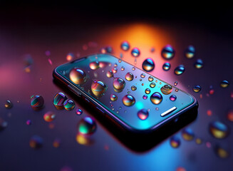 Poster - A sleek smartphone rests on a reflective surface, surrounded by iridescent water droplets.  The vibrant background lighting enhances the water's colorful reflections.