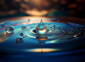 Poster - A single, iridescent water droplet hangs poised above a calm surface, creating concentric ripples.  Sunlight glints off the water's surface, highlighting its reflective quality. Smaller droplets surro