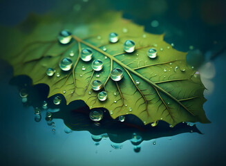 Poster - Close-up of a vibrant green leaf adorned with glistening water droplets, reflecting light beautifully.  The leaf rests on a dark, reflective surface.