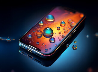 Poster - A smartphone rests on a reflective surface, adorned with vibrant water droplets creating an abstract, colorful display.  The sleek device's reflection is visible beneath.