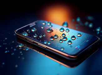 Poster - A sleek smartphone rests on a reflective surface, adorned with water droplets.  The warm background light accentuates the device's smooth design and water resistance.