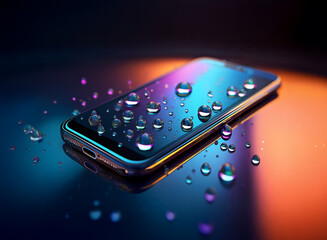 Aufkleber - A sleek smartphone rests on a reflective surface, adorned with water droplets.  Vibrant, colorful light enhances the scene.  The image suggests water resistance and modern technology.