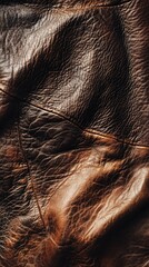 Poster - Close-up of wrinkled brown leather texture showing stitching detail
