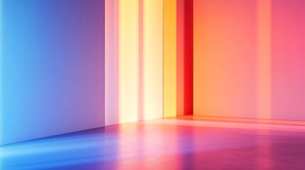 Poster - Empty room with vibrant pink, orange and blue neon lights illuminating walls and floor