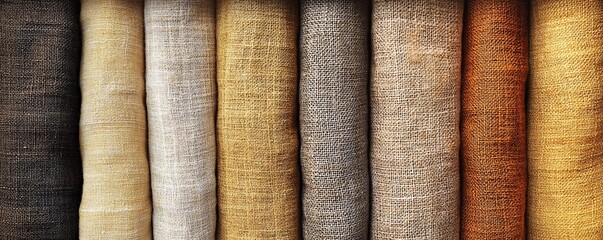 Poster - Rolls of linen fabric showing a range of colors from dark brown to light gold