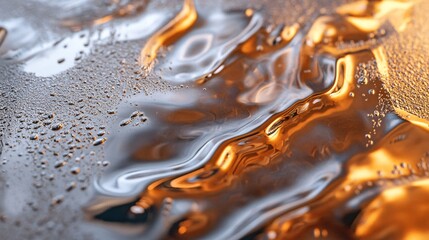 Poster - Water droplets on a metallic surface reflecting golden light