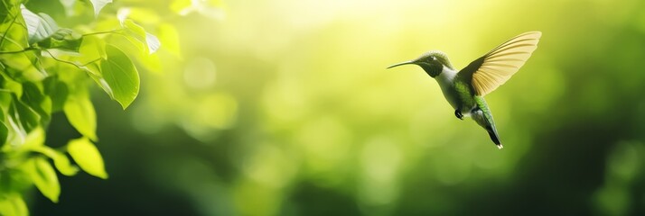 Poster - Small hummingbird hovering near vibrant green leaves in a tropical forest, sunlight filtering through the trees and creating a magical, serene atmosphere filled with beauty