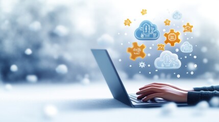 Poster - Person Utilizing Laptop Surrounded by Colorful Icons Symbolizing Technology Creativity Communication and Digital Innovation
