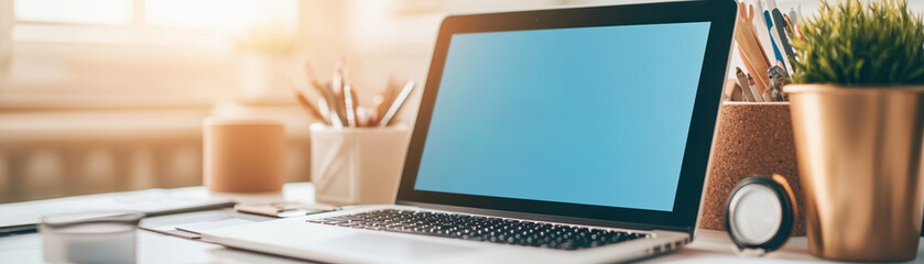 Poster - closeup of laptop on desk with stationery and plant, creating productive workspace atmosphere. screen is blank, inviting creativity and focus